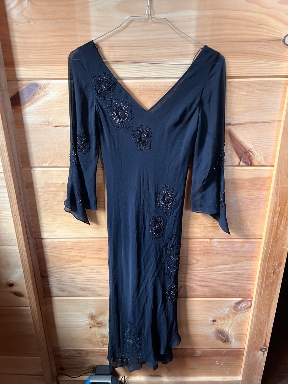 Vintage Jones New York Black V-Neck Beaded Long Sleeve Maxi Dress